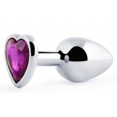 Серебристая анальная пробка с фиолетовым кристаллом-сердечком - 8 см. - Anal Jewelry Plug - купить с доставкой в Саранске