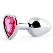 Серебристая анальная пробка с розовым кристаллом-сердечком - 7 см. - Anal Jewelry Plug - купить с доставкой в Саранске