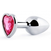 Серебристая анальная пробка с малиновым кристаллом-сердечком - 7 см. - Anal Jewelry Plug - купить с доставкой в Саранске