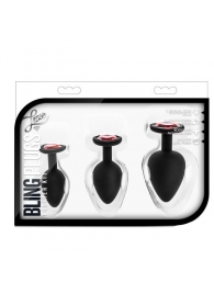 Набор черных анальных пробок с красным кристаллом-сердечком Bling Plugs Training Kit - Blush Novelties - купить с доставкой в Саранске