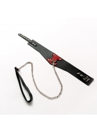 Черный широкий ошейник с красным декором и поводком - Crazy Handmade - купить с доставкой в Саранске