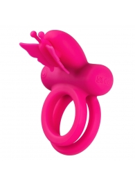 Розовое эрекционное виброкольцо Silicone Rechargeable Dual Butterfly Ring - California Exotic Novelties - в Саранске купить с доставкой