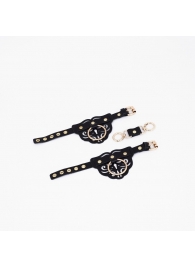 Черные кожаные наручники с клепками, кольцами и золотистой фурнитурой - Crazy Handmade - купить с доставкой в Саранске