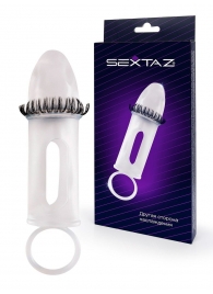 Закрытая насадка на пенис с подхватом мошонки и стимулирующими «ресничками» - Sextaz - в Саранске купить с доставкой