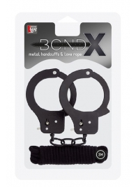 Чёрные наручники из листового металла в комплекте с веревкой BONDX METAL CUFFS LOVE ROPE SET - Dream Toys - купить с доставкой в Саранске