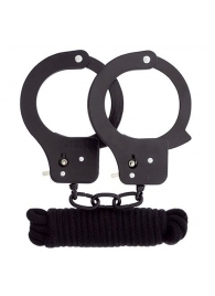 Чёрные наручники из листового металла в комплекте с веревкой BONDX METAL CUFFS LOVE ROPE SET - Dream Toys - купить с доставкой в Саранске