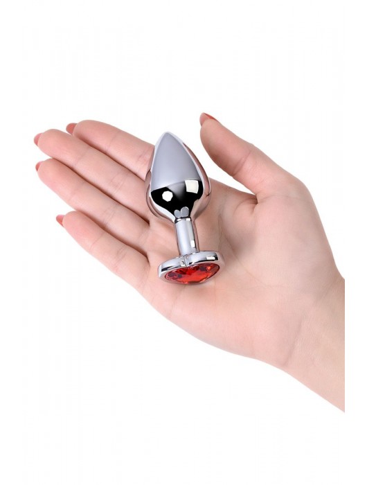 Серебристая коническая анальная пробка с красным кристаллом-сердечком - 7 см. - ToyFa - купить с доставкой в Саранске