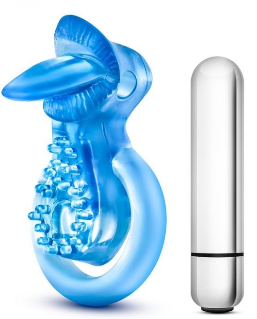 Голубое эрекционное виброкольцо 10 Function Vibrating Tongue Ring - Blush Novelties - в Саранске купить с доставкой