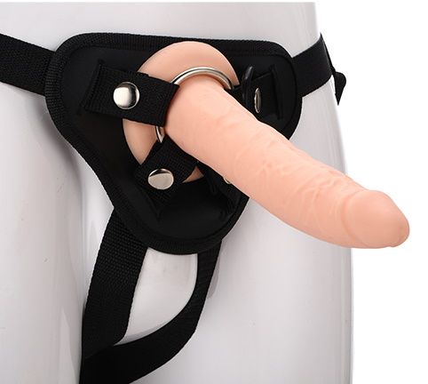 Телесный страпон на черных трусиках STRAP ON REAL DILDO - 20 см. - Dream Toys - купить с доставкой в Саранске