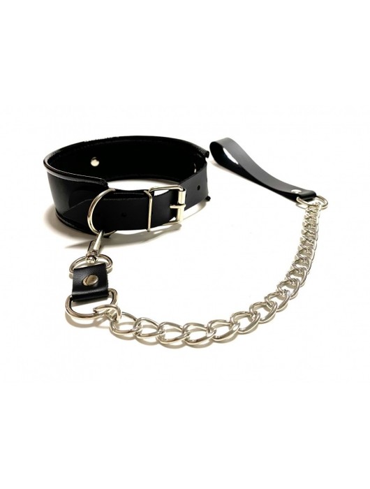Черный ошейник с поводком из эко-кожи - БДСМ Арсенал - купить с доставкой в Саранске