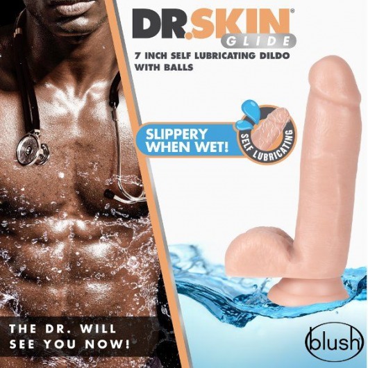 Телесный фаллоимитатор 7 inch Self Lubricating Dildo with Balls - 17,8 см. - Blush Novelties