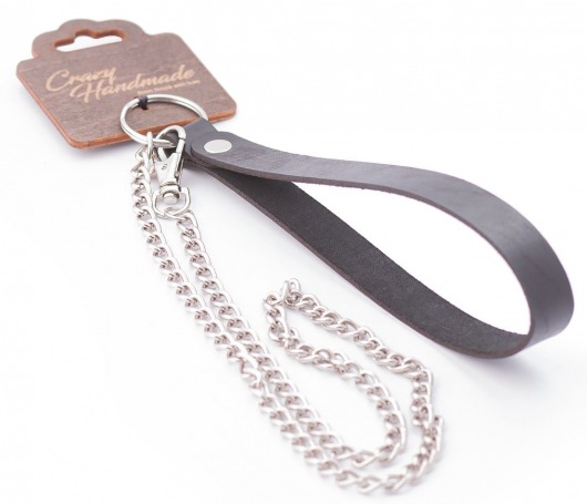 Серебристый металлический поводок с кожаной черной ручкой - 80 см. - Crazy Handmade - купить с доставкой в Саранске