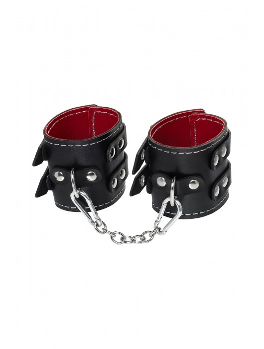 Черные кожаные наручники с двумя ремнями и красной подкладкой - Pecado - купить с доставкой в Саранске