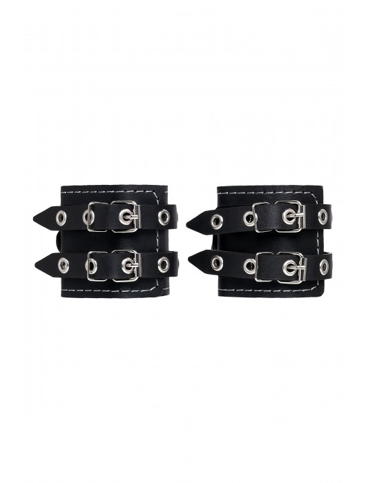Черные кожаные наручники с двумя ремнями и красной подкладкой - Pecado - купить с доставкой в Саранске