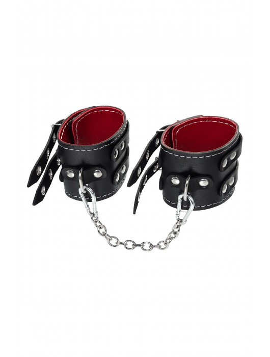 Черные кожаные оковы с двумя ремнями и красной подкладкой - Pecado - купить с доставкой в Саранске