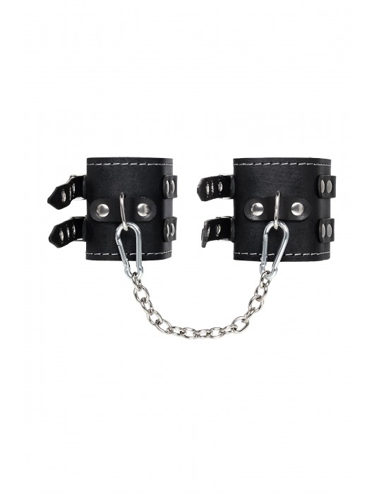 Черные кожаные оковы с двумя ремнями и красной подкладкой - Pecado - купить с доставкой в Саранске