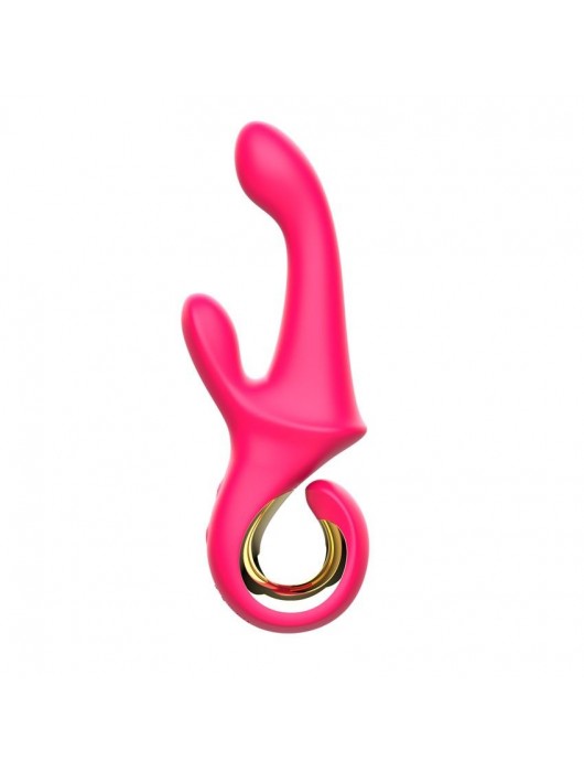 Розовый вибратор со стимулятором клитора и ручкой-кольцом - 22,6 см. - I-MOON
