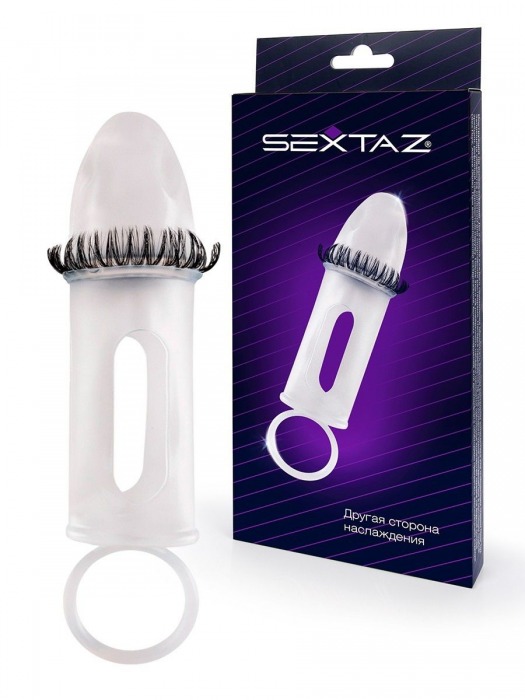 Закрытая насадка на пенис с подхватом мошонки и стимулирующими «ресничками» - Sextaz - в Саранске купить с доставкой