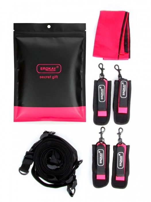 Черно-розовый эротический набор: фиксатор, оковы, наручники, повязка - Erokay - купить с доставкой в Саранске