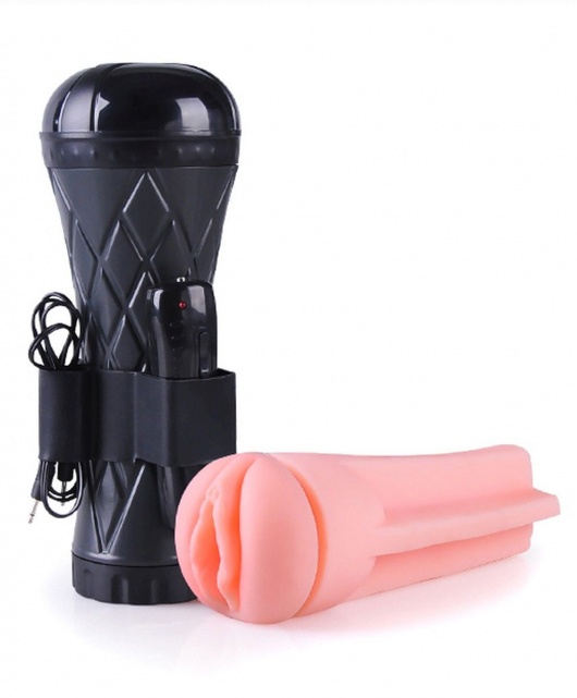 Телесный мастурбатор-вагина в черной колбе с вибрацией - Boys of Toys - в Саранске купить с доставкой