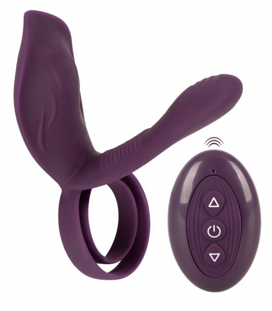 Фиолетовая насадка на член с клиторальным отростком и пультом ДУ RC Couple’s Vibrator 2 - Orion - в Саранске купить с доставкой