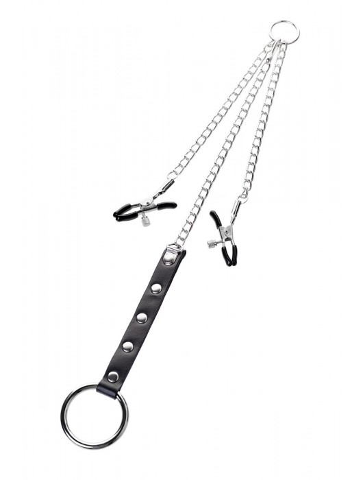 Серебристо-чёрные зажимы для сосков с кольцом для пениса TOYFA Metal - ToyFa - купить с доставкой в Саранске